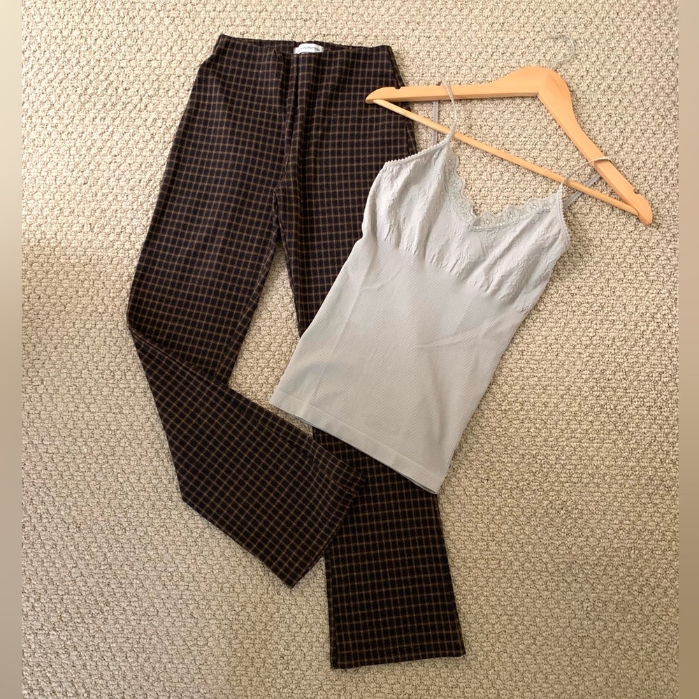 Urban Outfitters Express Set plaid pants floral lace ribbed sparkle tank top
